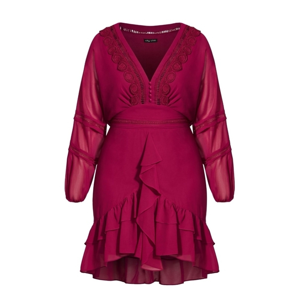 City Chic Burgundy Long Sleeve Ruffle Dress - Picture 4 of 11